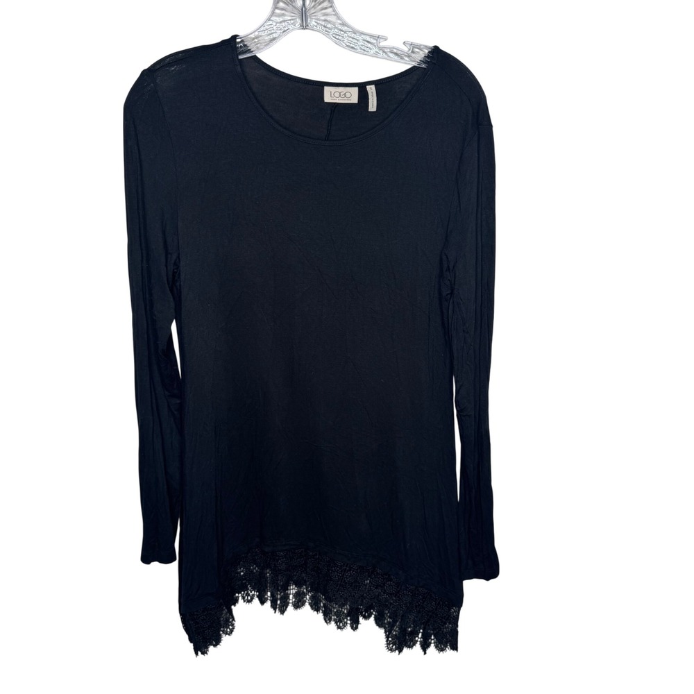 LOGO by Lori Goldstein Black Lace Trim Long Sleeve Tunic Top Shirt Womens Size S